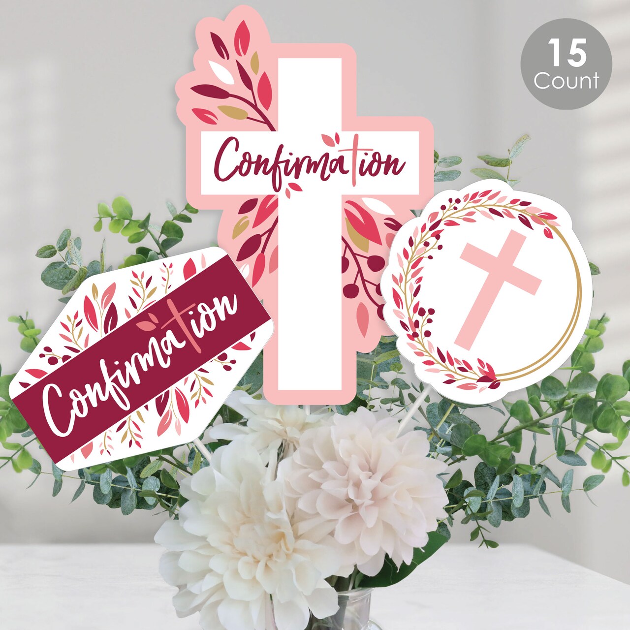 Big Dot of Happiness Confirmation Pink Elegant Cross - Girl Religious Party Centerpiece Sticks - Table Toppers - Set of 15